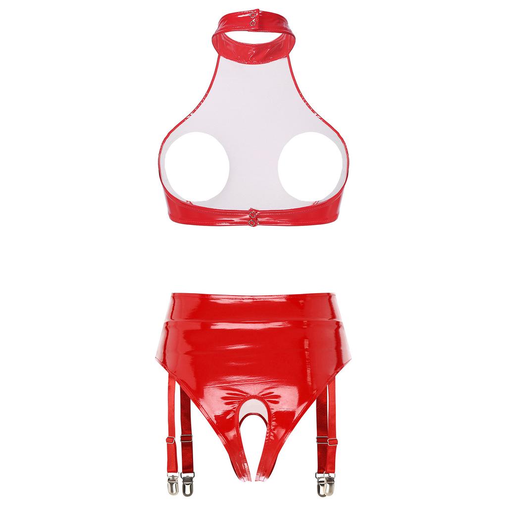 Womens Patent Leather Halter Open Bust Backless Crop Top Garter Underwear Set