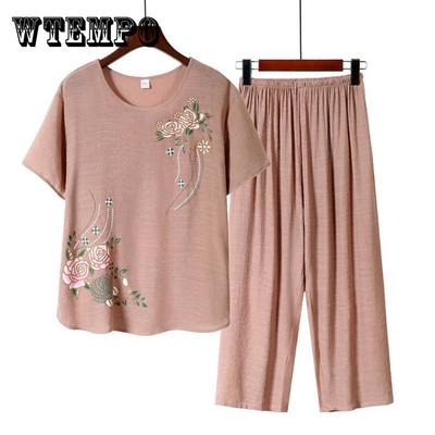 Roupas femininas estampa floral camiseta calças soltas conjunto de duas peças verão roupa de casa conjunto manga curta roupa para meia-idade