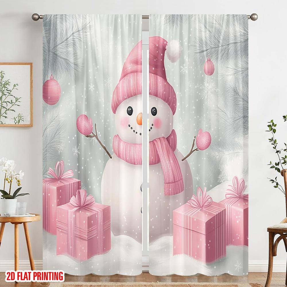 2pcs,2D Plane Printing Curtains Digital Printed Cute Snowman Pink Gifts Versatile Durable Polyester (without Rod) Decorations