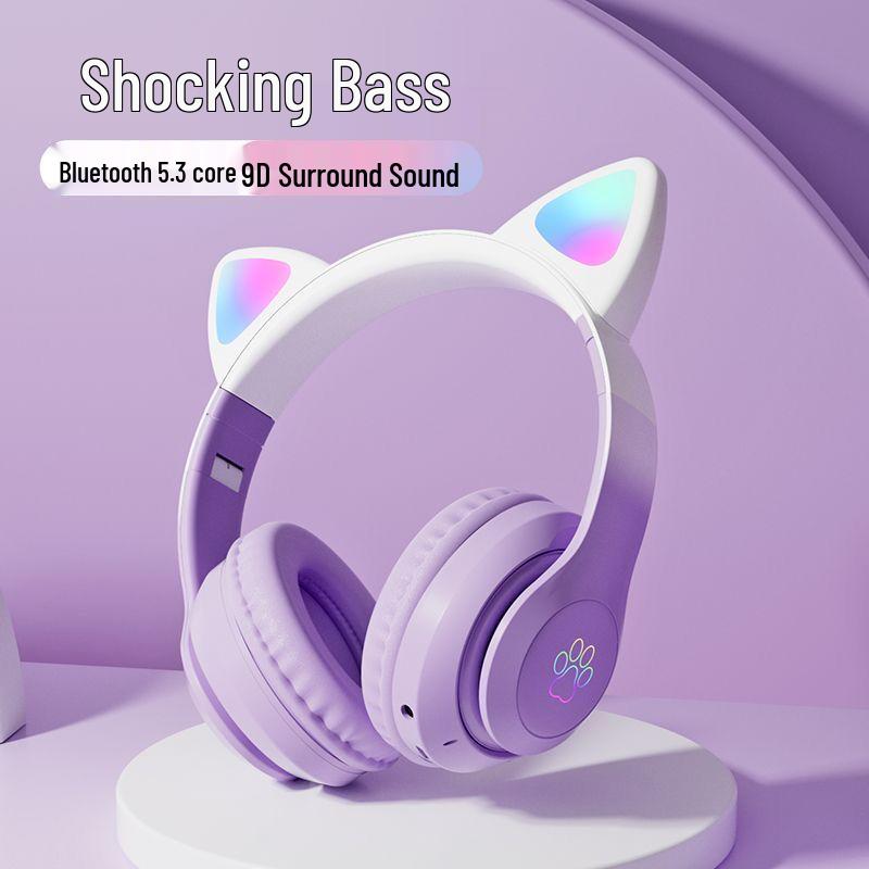 Gradient RGB Wireless Over-Ear Bluetooth Headphones with Silicone Wired Option for Gaming and Calls.