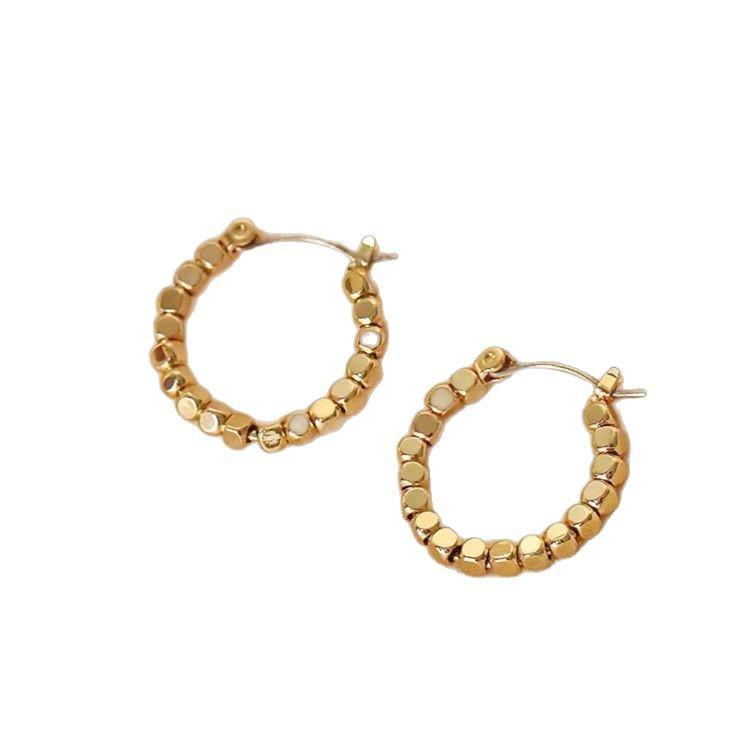 Vietnamese Gold Small Sugar Cube Crushed Earrings: Trendy Circle & Square Stud and Hoop Design