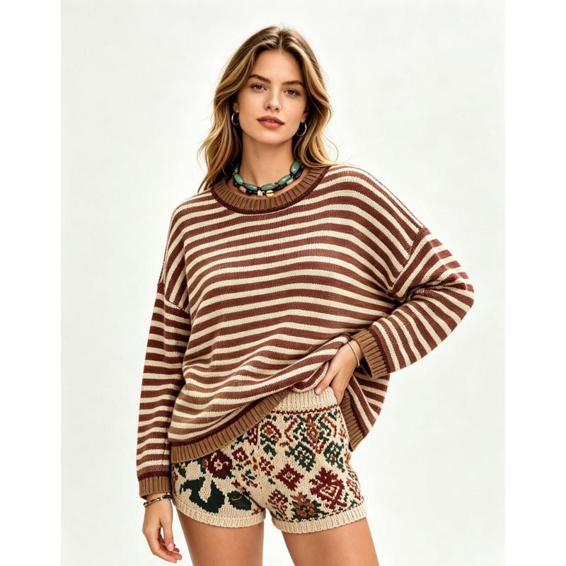 Womens Loose Fit Knit Sweater Long Sleeve Round Neck Striped Casual Pullover