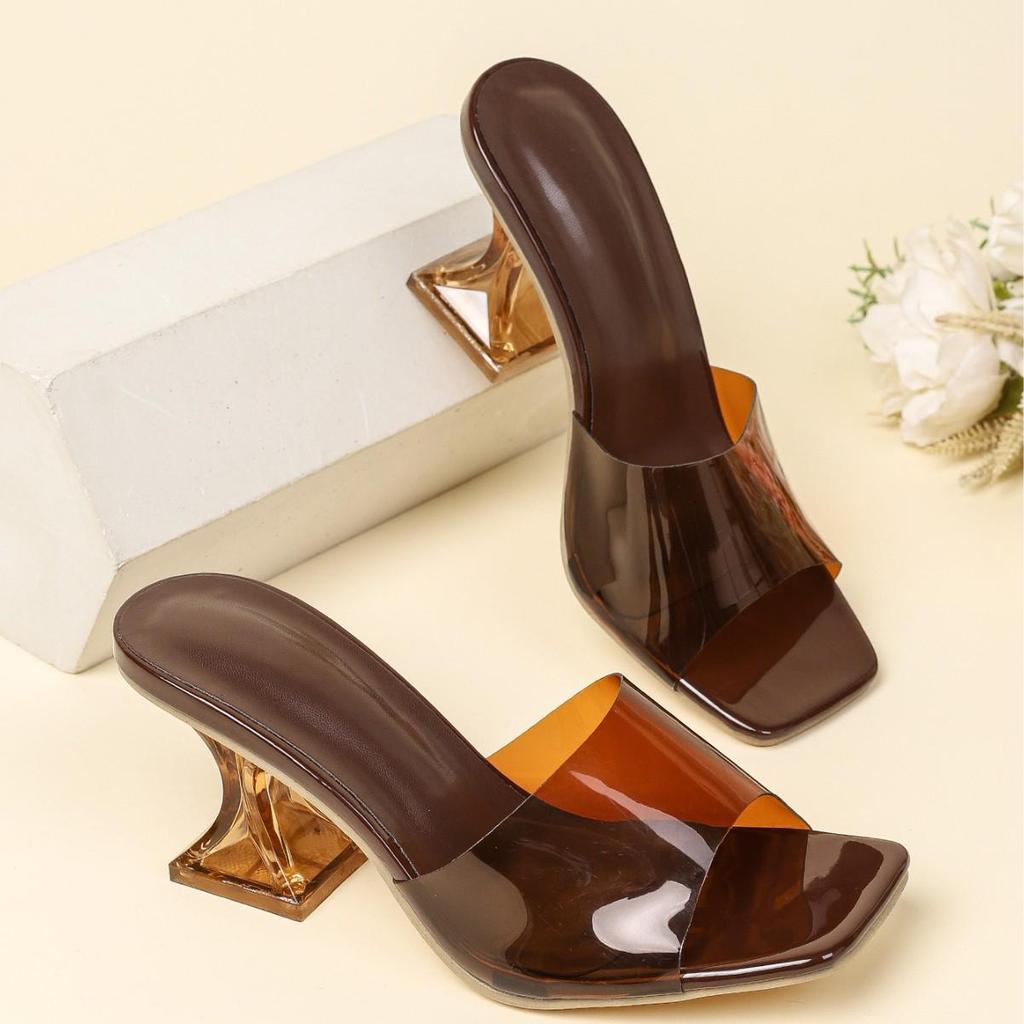 2026 Women's Transparent Heel Square Toe High-Heel Sandals - Brown/Black Summer Outdoor Breathable Single Strap Slippers