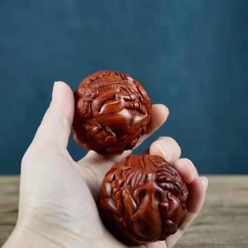 Yellow Rosewood Zodiac Health Massage Balls - Solid Wood Carved Handheld Fitness Playthings