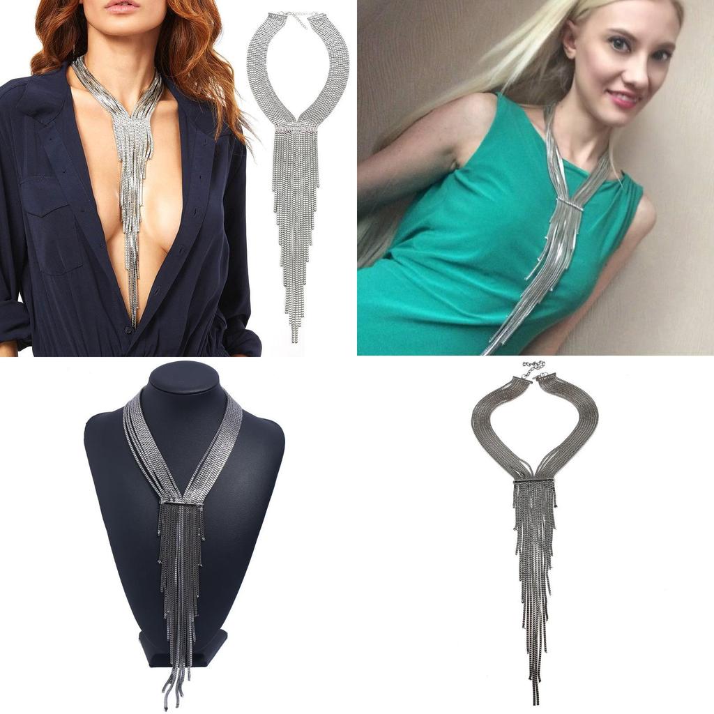 Box Chain Geometric Necklace With Rhinestones Tassels For Enthusiasts Fashion