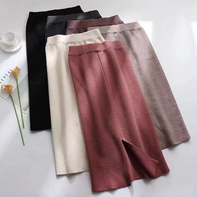 Herfst Winter Bodycon Kokerrok Midi Wol Effen Split Voorzijde Gebreide Rok