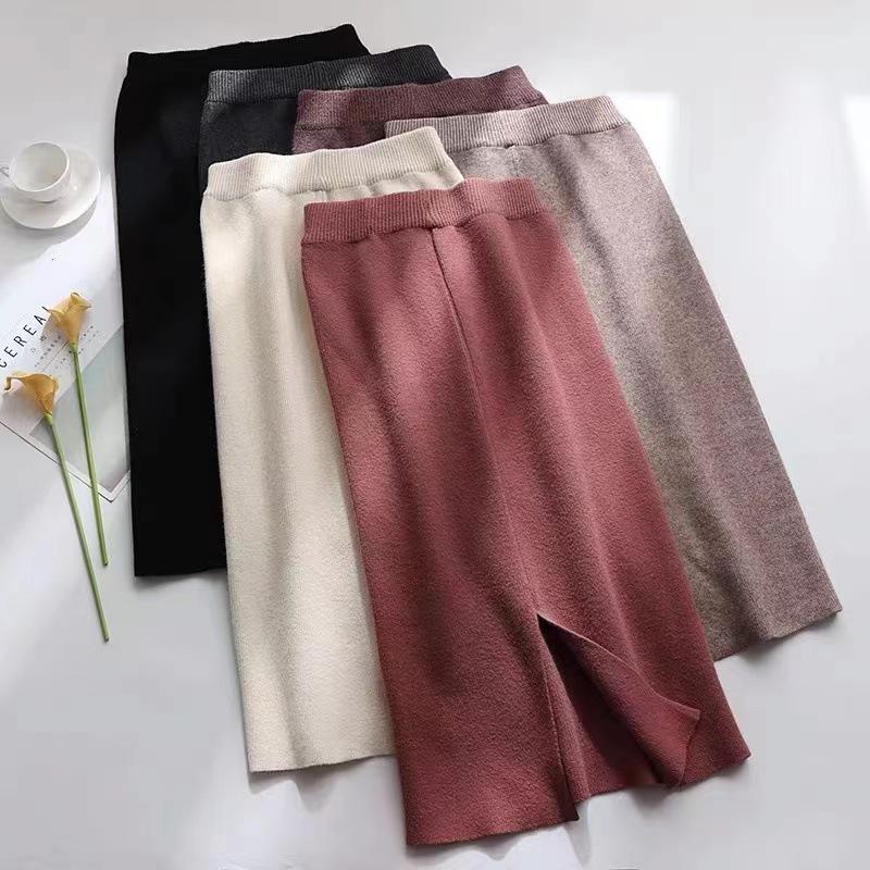 Autumn Winter Bodycon Pencil Skirt Midi Wool Plain Front Slit Knit Skirt