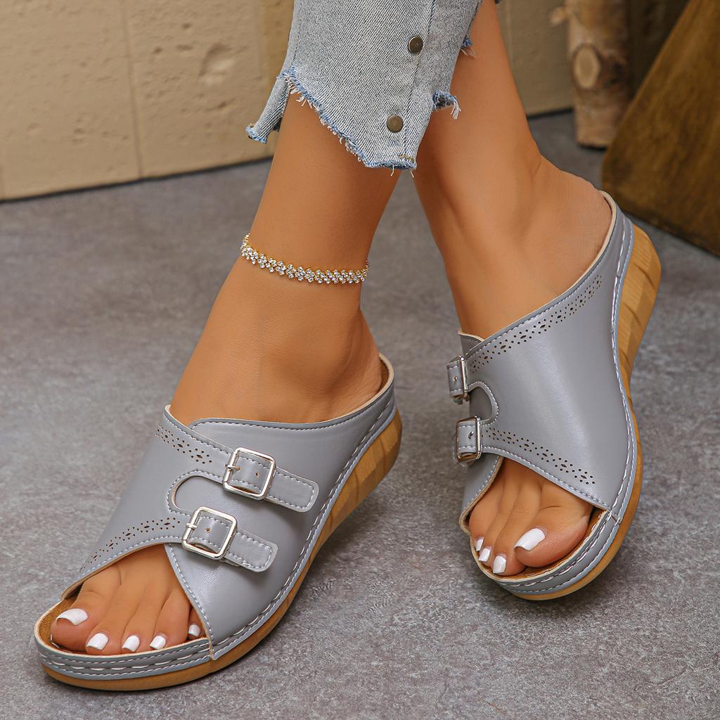 Double Button Wedge Sandals With Hollowed Out Breathable Straight Drag And Soft Bottom Anti Slip Outer Women's Slippers