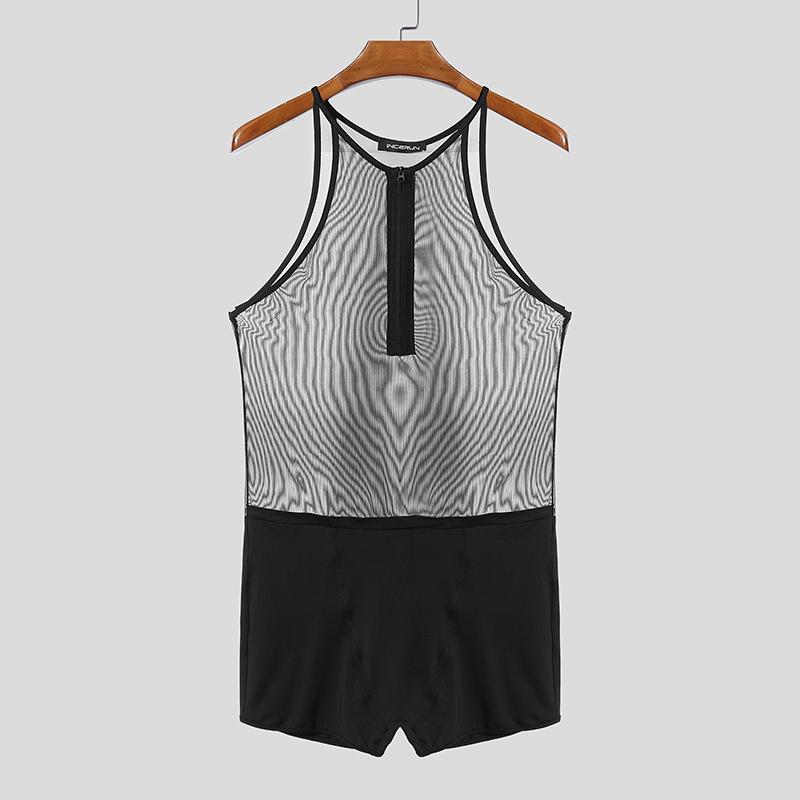 INCERUN Men Sleeveless See Through Mesh Sheer Jumpsuits Underwear Playsuits