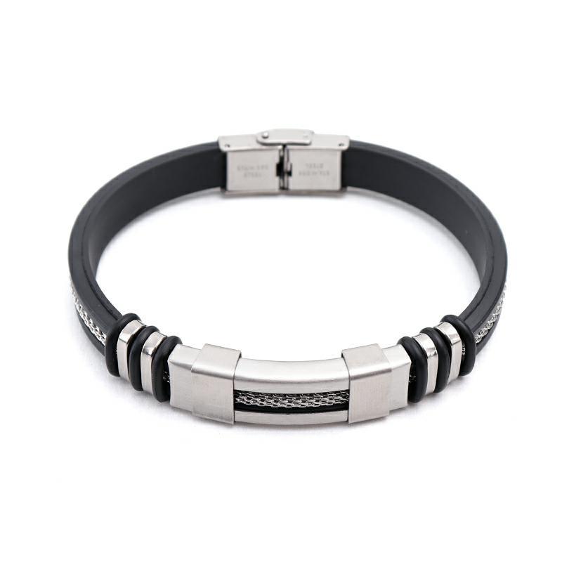 Men's Black Silicone Bracelet with Stainless Steel Accents Chain Fashion Casual Magnetic Clasp Accessory for Daily Wear