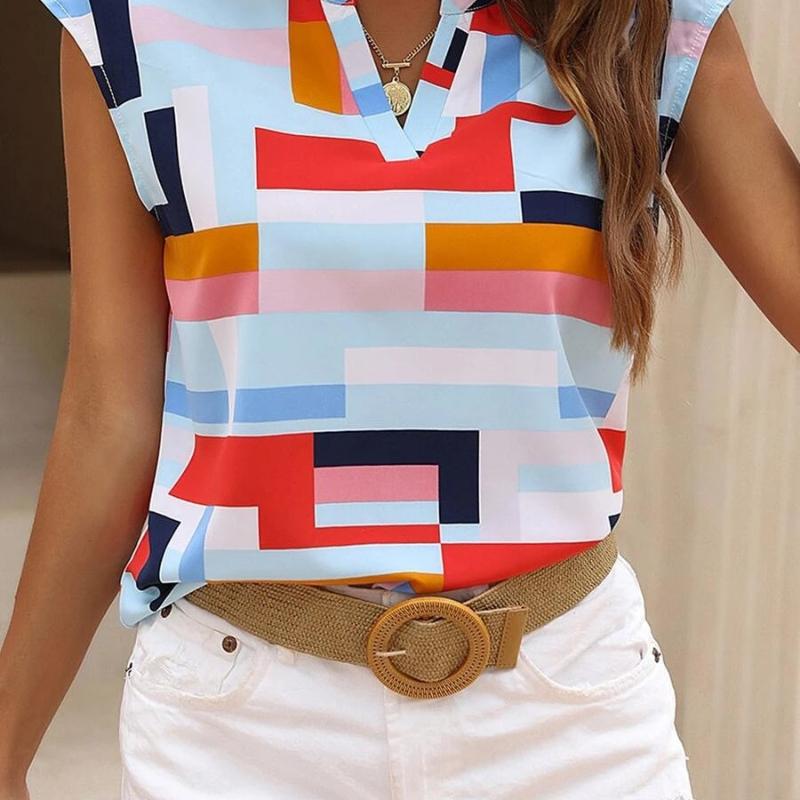 Damenmode, Sommer, Frühling, lässig, geometrischer Druck, ärmellos, V-Ausschnitt, Blusen und Hemden