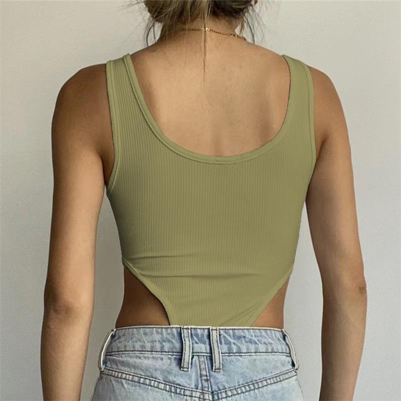 GMXIA Summer Sleeveless Women's Sexy Slim-fit Cotton Pit Strip U-neck Vest High Slit Bodysuit