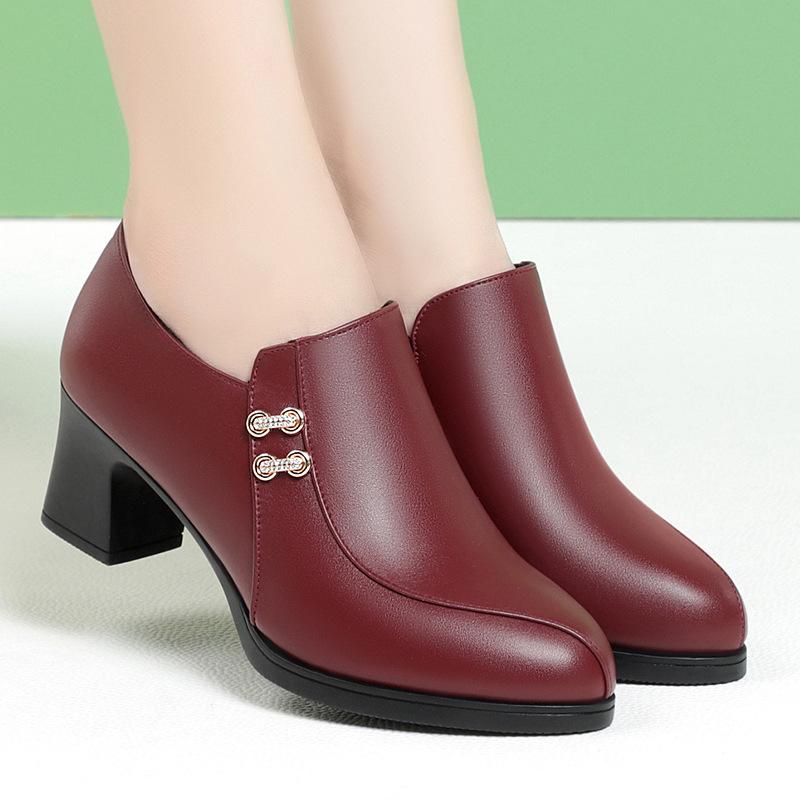 Burgundy Chunky Heel Soft Leather Shoes for Women - Spring & Autumn 2022, Comfortable for Middle-Aged & Elderly