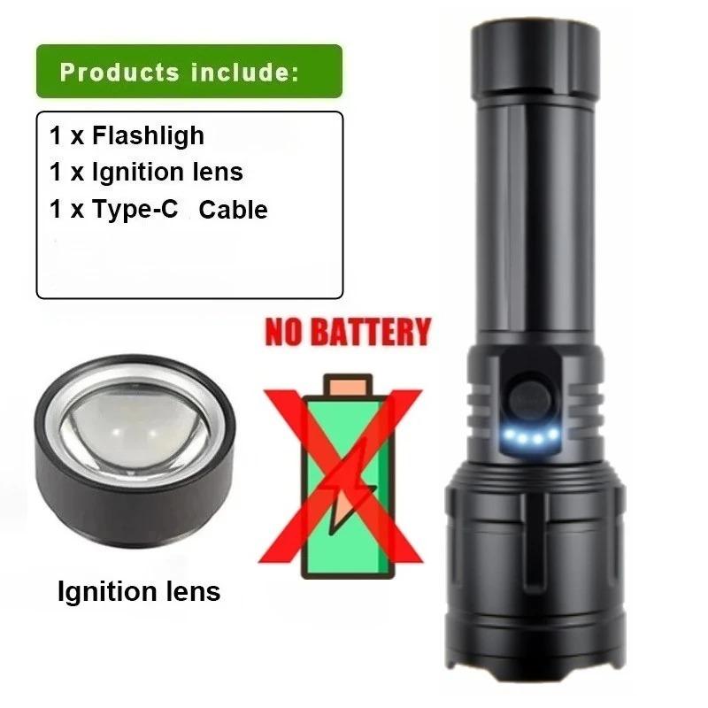 USB-C Rechargeable Tactical Flashlight with Flame Ignition Powerful LED Zoomable Torch for Outdoor Camping Adventure & Emergency