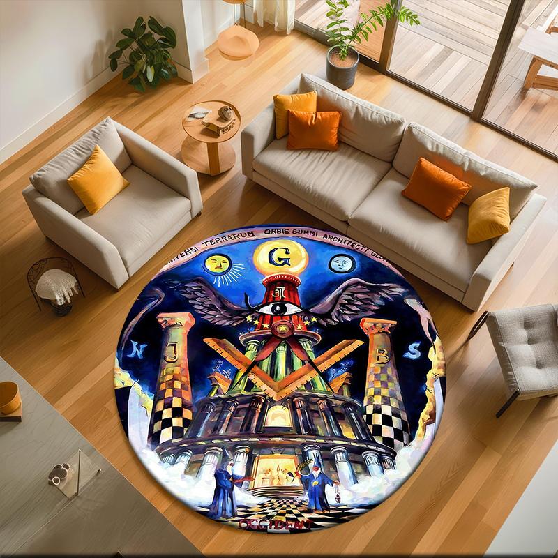 1pc The square and compass of Freemasonry Round carpet Painted Printed circular carpet, home door mat, outdoor travel protection carpet