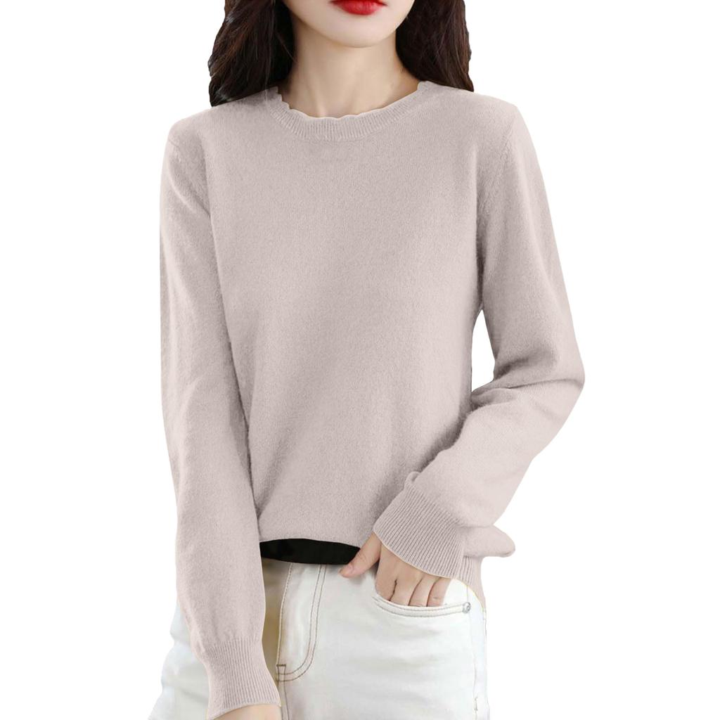Women's Casual Lace Round Neck Base Layer Knitted Long Sleeve Solid Color Sweater