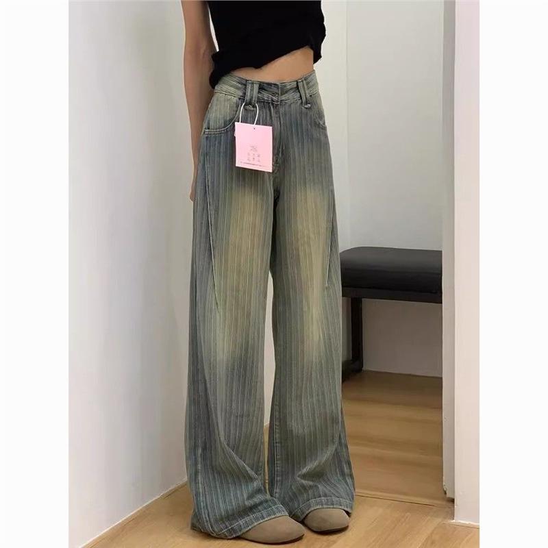 High Street Women s Retro Distressed Striped Jeans - Loose, Plus Size, Wide Leg, Floor-Length, Versatile Fit XL синий