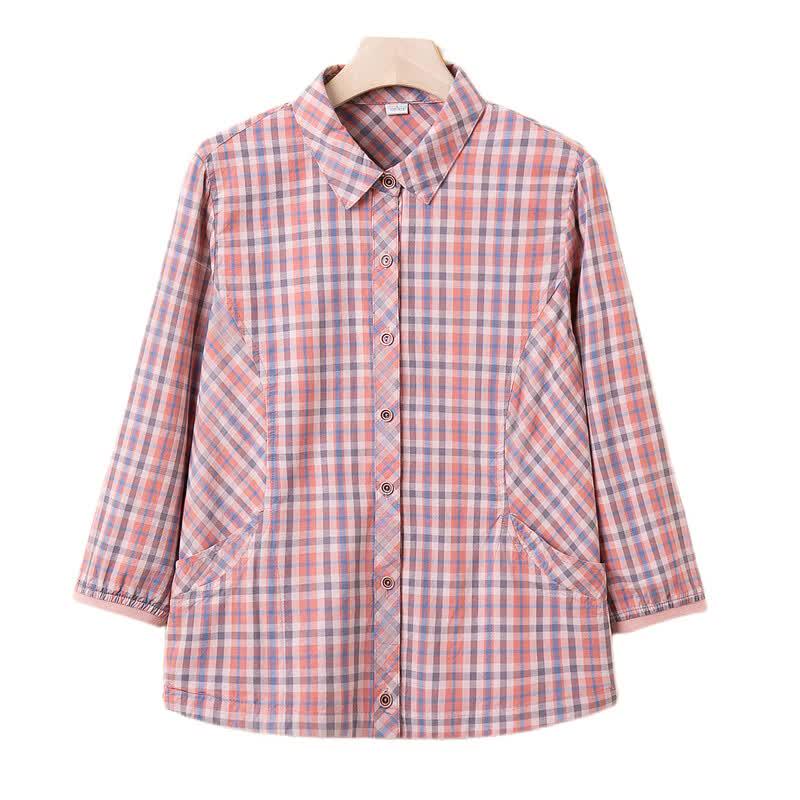 YUZHAOLIN Women's Summer 3/4 Sleeve Plaid Cotton Shirt