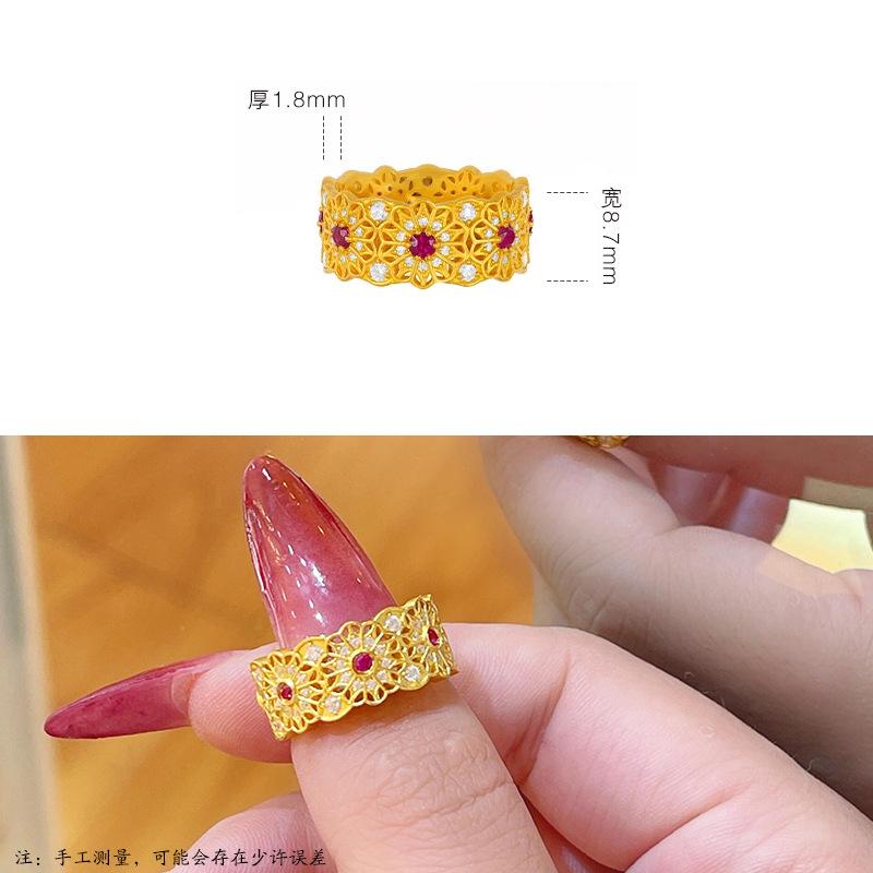 Luxury 9999 24K Real Gold Diamond Rose Ring Handmade Diamond Zircon Ring Pair Ring Jewelry