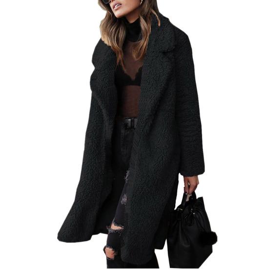 Women Autumn Winter Thickened Plush Coat Lapel Long Sleeve Woolen Coat Solid Color Casual Long Outwear