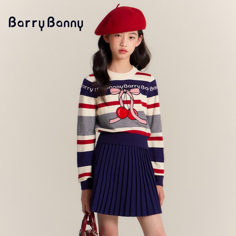 Girls' Cherry Knit Sweater with Retro Stripes