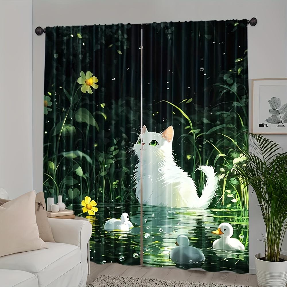 

Two Pieces Featuring Art Deco Style White Cats Ducks Set Against Lush Green Pond Backdrop Made Polyester Designed Curtain Of Washable W100*H70(CM)-Grommet top&1PCS