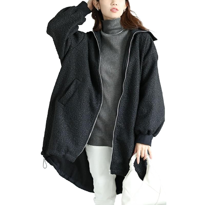 

[Gold Japan] big size ladies outer coat jacket boa bouclé zip Fleece lining Drost long rib autumn/winter plan-360006 3L black