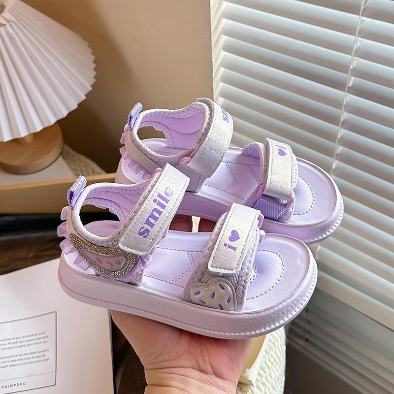 

Girls Heart-Shaped Rhinestone Letter Open-Toe Sandals2026New Spring and Summer Children s Lace Princess Beach Shoes 21Inner Length13.5cm фиолетовый