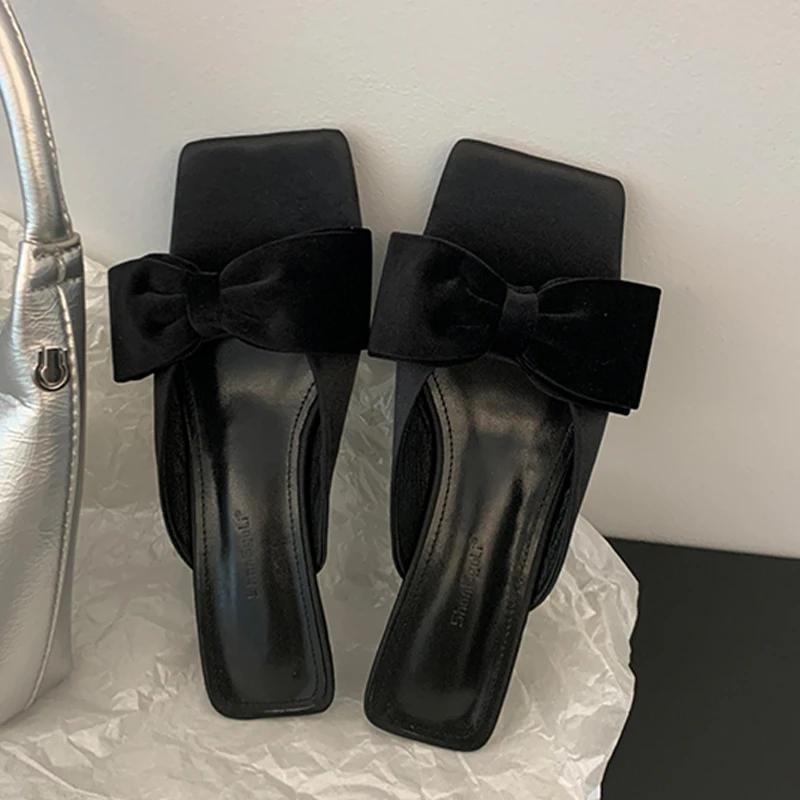 Fashion Bow Women Heeled Slippers Fashion Dress Shoes Summer Luxury Sandals Woman 2025 Beach Flip Flops Party Elegant Chaussure Femme