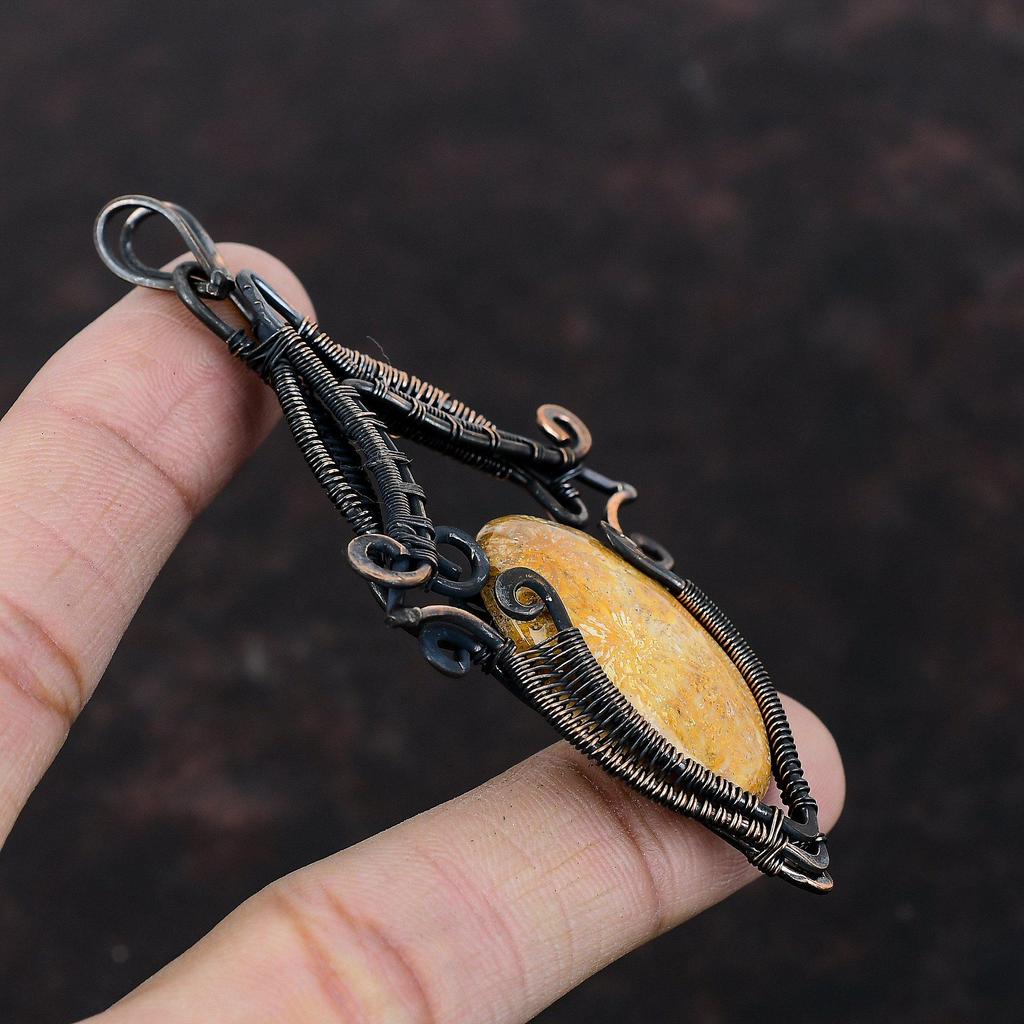 Fossil Coral Pendant Copper Wire Wrapped Gemstone Jewelry Handmade Ethnic Pendant Fossil Coral Jewelry Copper Wire Wrap Pendant Wedding Gift