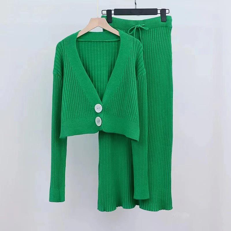 2026 Autumn/Winter European & American V-Neck Knit Cardigan with Two-Button Closure and Long Bodycon Skirt Two-Piece Set