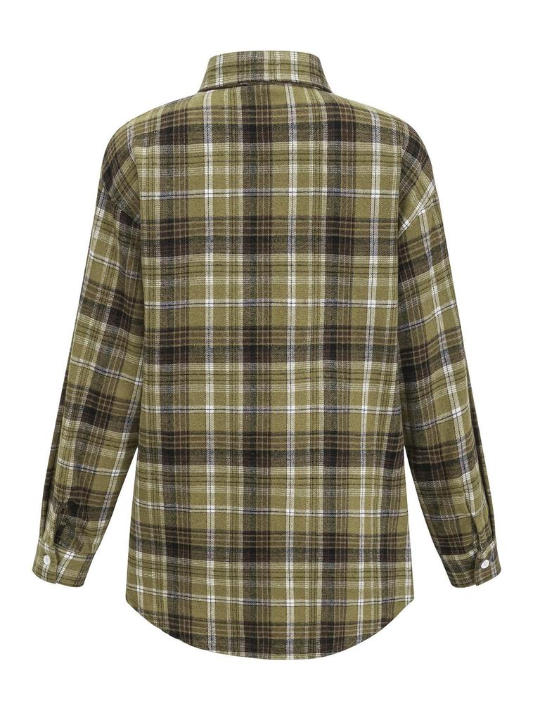 Cardigan Camisa Feminina Xadrez de Manga Comprida com Gola Pontuda para a Primavera 2025
