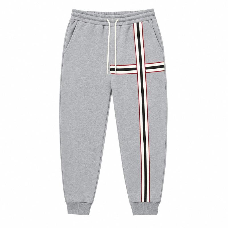 Men Stripe Jogger Sweatpants, Elastic Drawstring Waist Stripe Thigh Panel Side Hand Pockets Ribbed Ankle Cuffs Soft Fleece‑Lined Casual Trousers