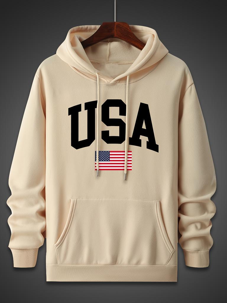 Men's autumn/winter hoodie, simple American flag print, comfortable hooded sweatshirt