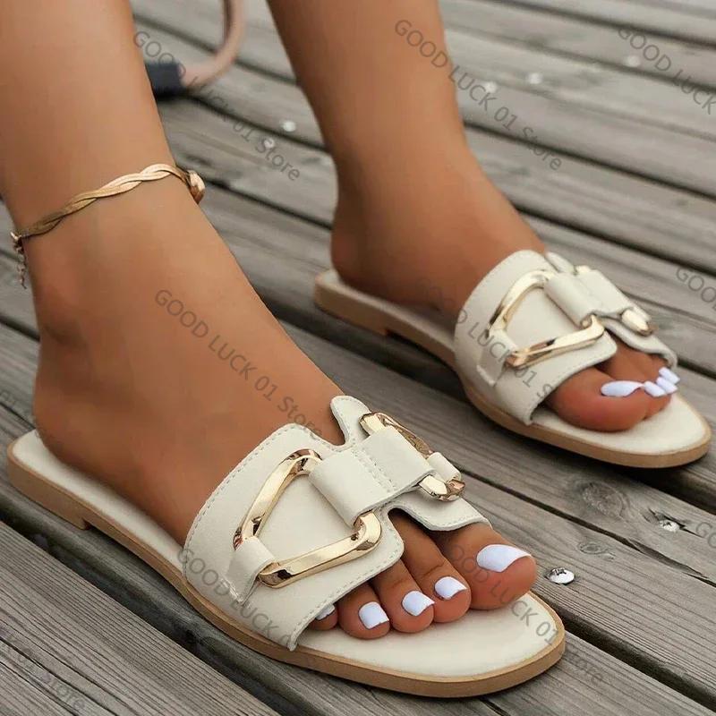 Fashion 2025 Women Metal Decor Single Band Flat Sandals Fashion Sexy Open Toe Outdoors Slides Luxurious Office Ladies Party Female Shoes