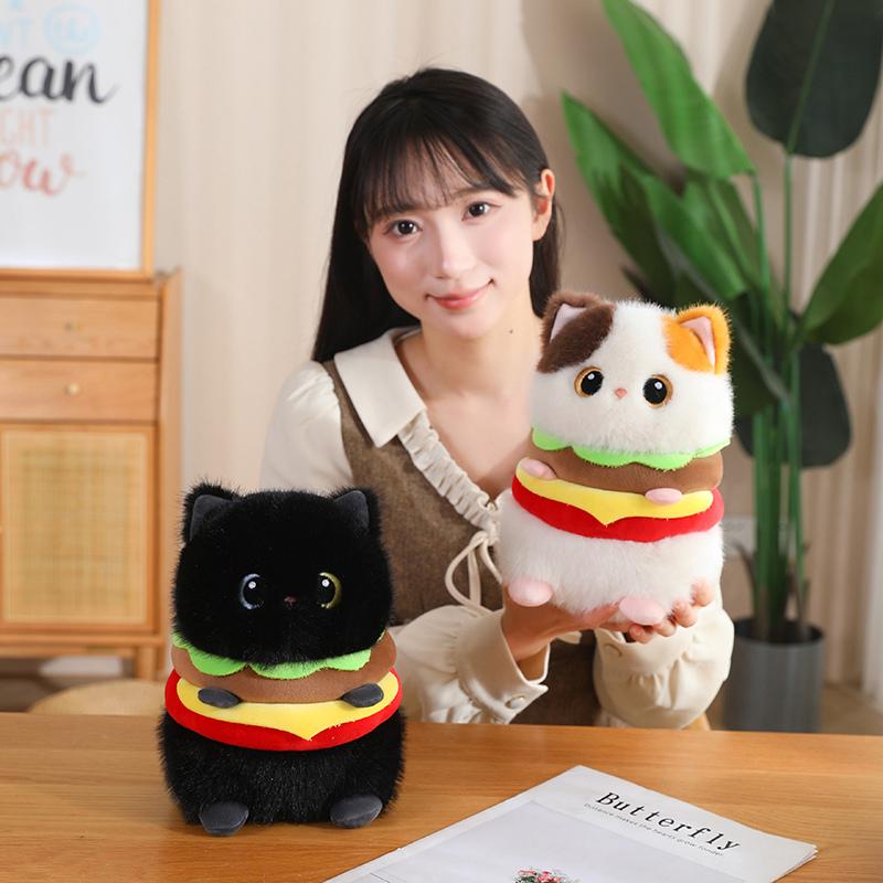 23Cm Hamburger Cat Plush Toy Creative Fluffy Kitten Plushie Siamese 3-Color Black Brown Cat Appeasing Gift