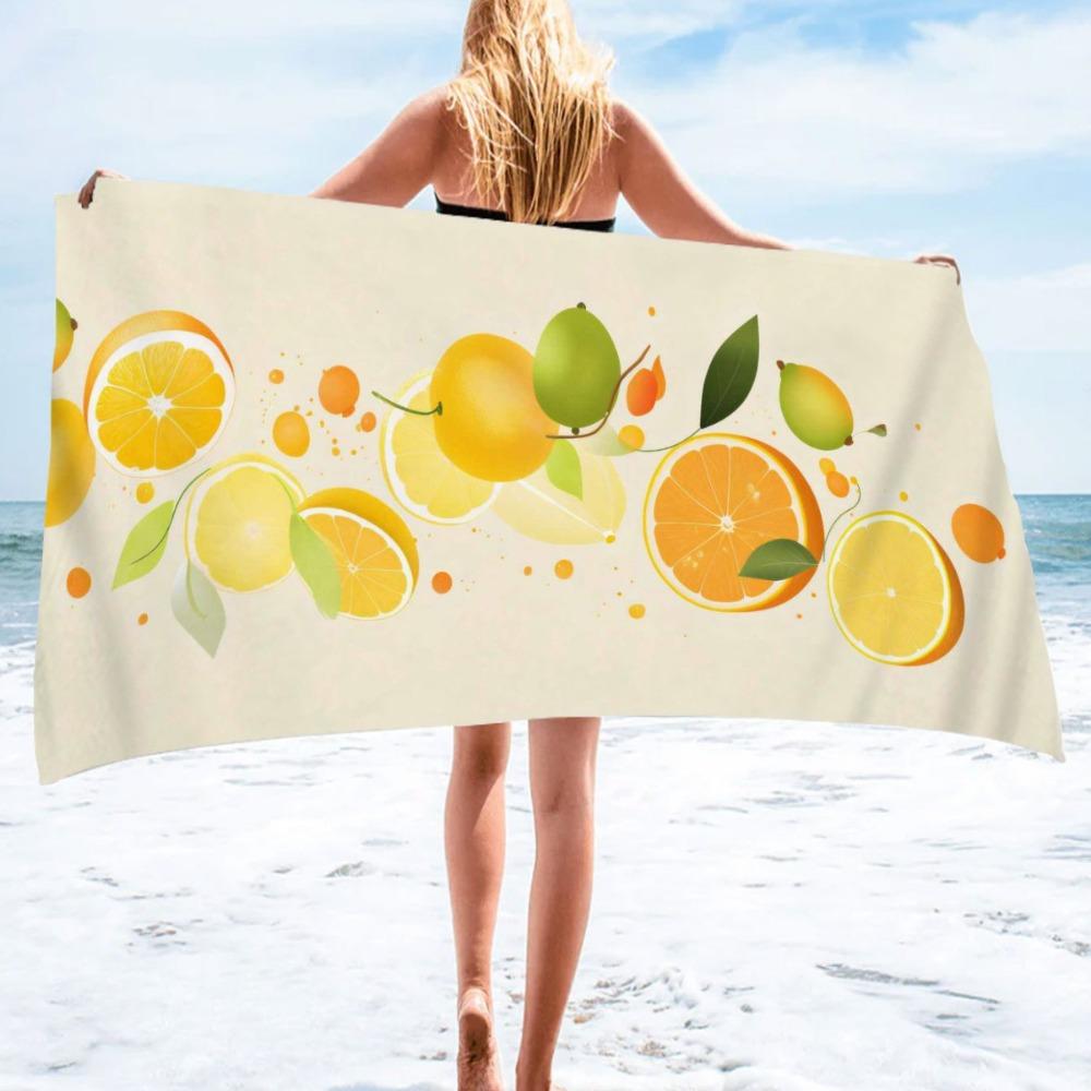 Summer Orange Pattern Digital-printed Polyester Superfine Fiber Double-sided Fleece Beach Vacation Bath Towel, Beach Towel