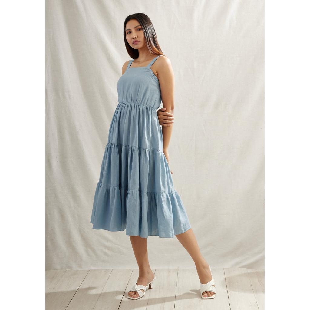 Casual Long Dress Women Floral Print Square Neck A-line Linen Summer Dress