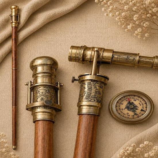 Handmade Brass Compass Walking Cane Victorian