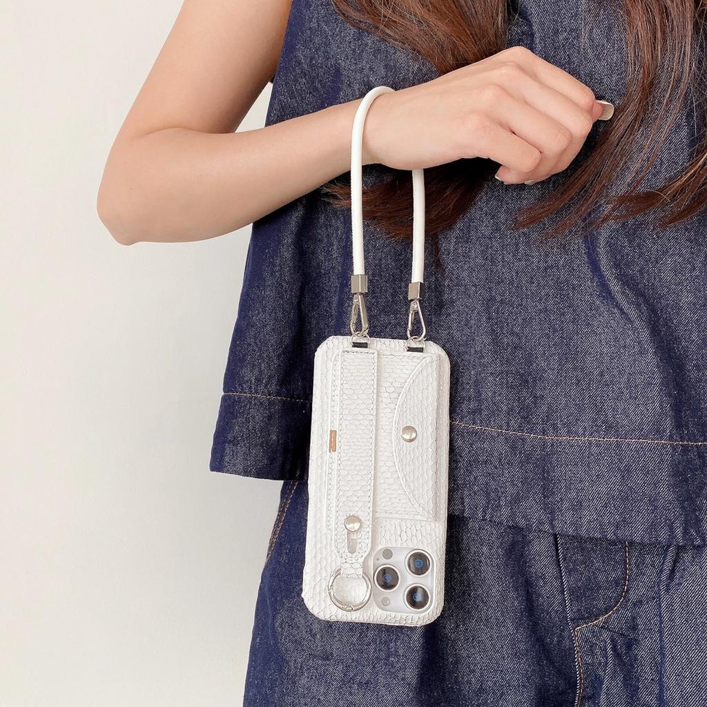 For iPhone 15 Pro Case Card Holder Wristband Lacquered Snake Texture PU+PC Back Cover with Lanyard