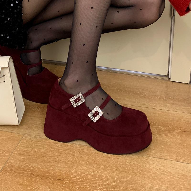 French niche simple double buckle with rhinestone Mary Jane shoes women's spring new thick-soled wedge heel round head fashion