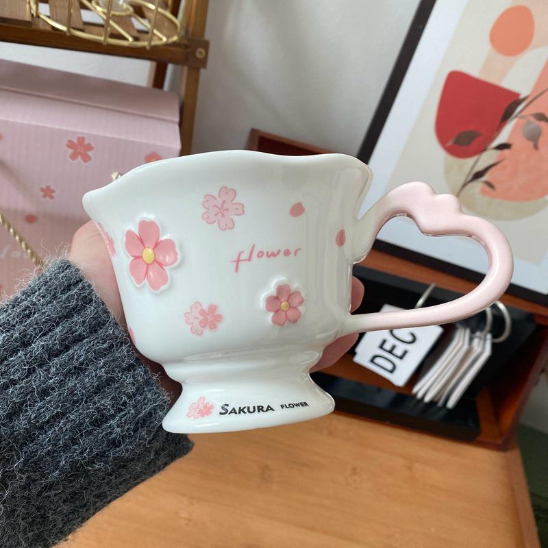 

Personalized Cherry Blossom Embossed Ceramic Mug with Spoon – Creative Pink Souvenir Cup 360ml