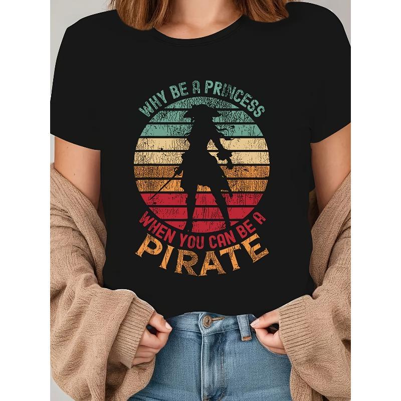 Plus Size - Plus Size - Retro Sunset And Pirate Silhouette Elements. Why Be a Princess When You Can Be a Pirate? Patterned Print Plus-Size S чёрный