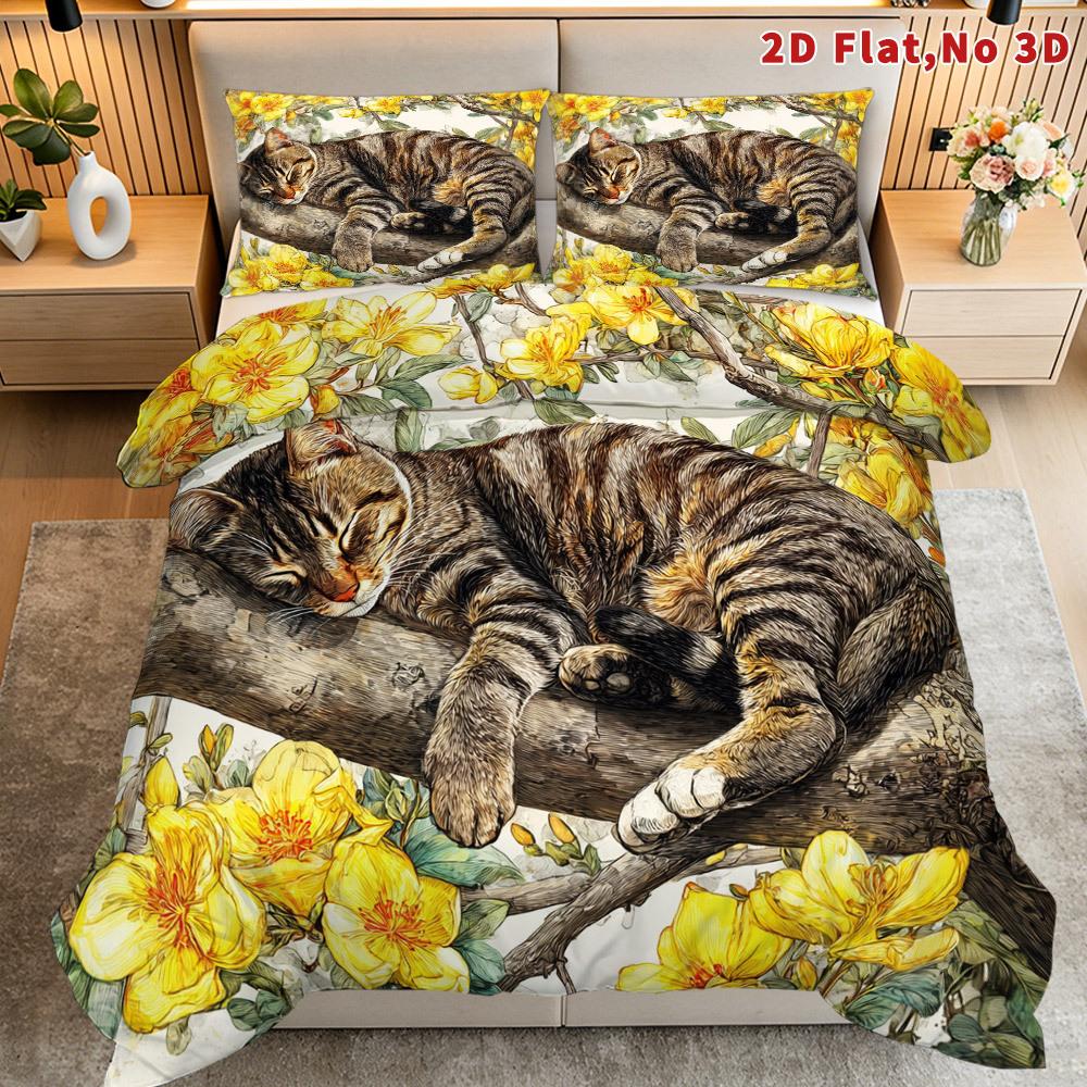 Ensemble de housse de couette Chat Floral Multi-tailles Housse de couette Taille Queen Décoration de literie de chambre à coucher Lavable en machine Adulte Garçon Fille Chambre à coucher 200Cmx220Cm