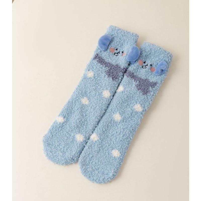Autumn and Winter Coral Fleece Socks for Women, Three-dimensional Cartoon Animal Embroidery, Home Floor Socks, Thickened Half-fleece Mid-calf Socks