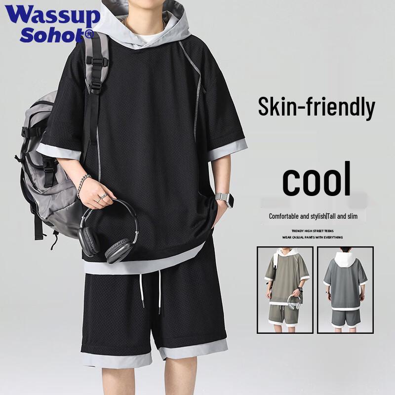 Wassup Sohot Men s Summer Textured Hooded Short Set L