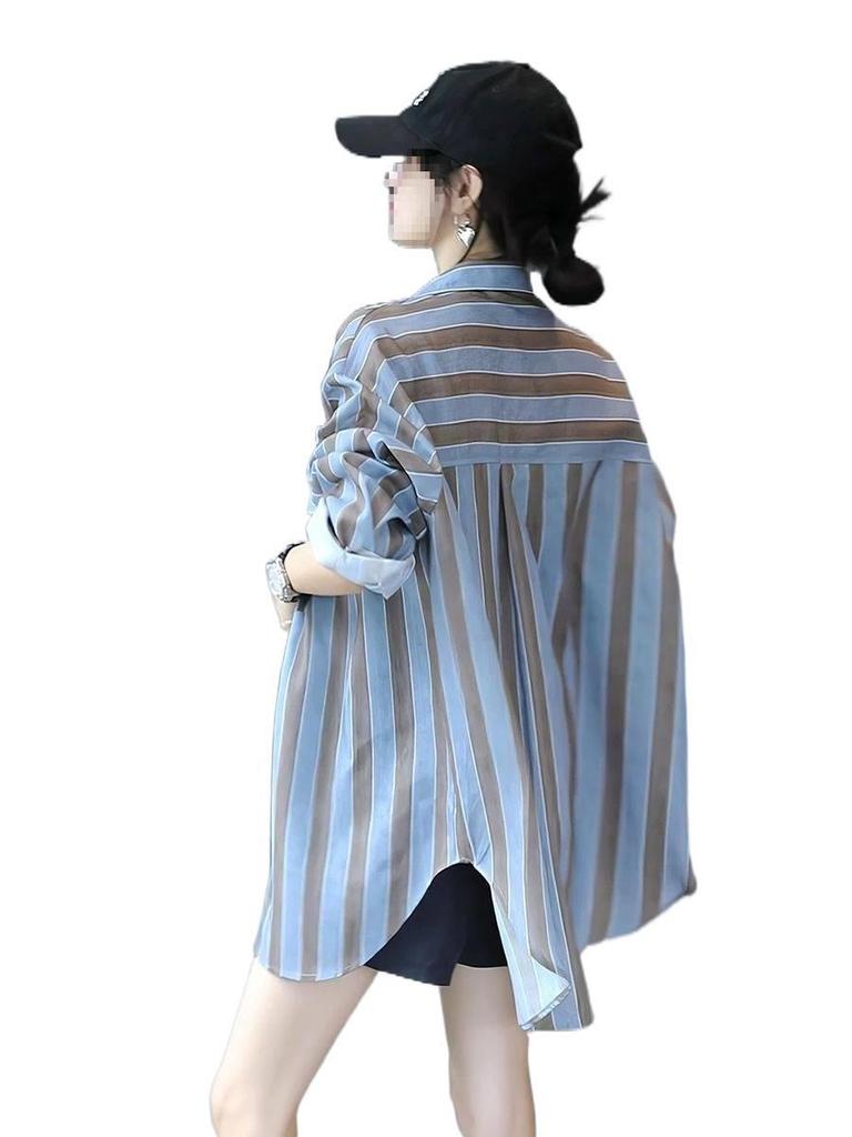 Women's Striped Long-Sleeve Shirt - Spring/Autumn Style, Sun Protection, Fresh & Loose Top