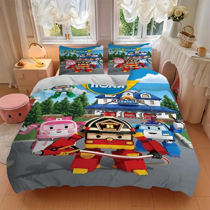 3 Adet Robocar Poli Ev Dekorasyonu Nevresim Takımı-Yatak Odası, Misafir Odası, Oturma Odası, Otel İçin Evrensel Üç Parçalı Takım-Hayranlar İçin Mükemmel Hediye, Seyahat