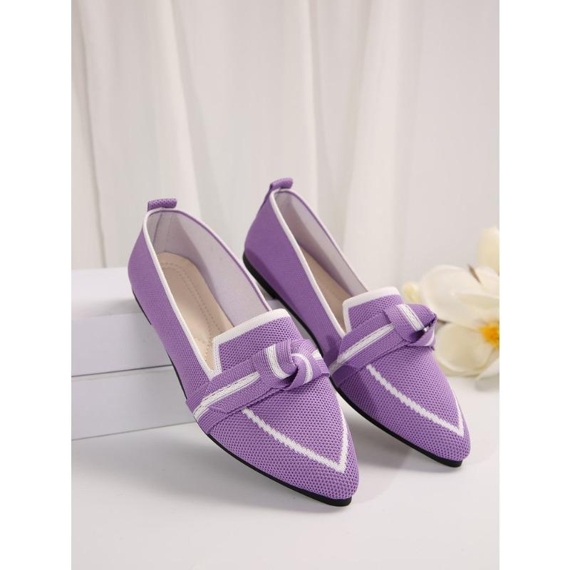 Skinny pointed large size flat single shoes women, fashionable flying weaving one pedal bow casual breathable color matching single