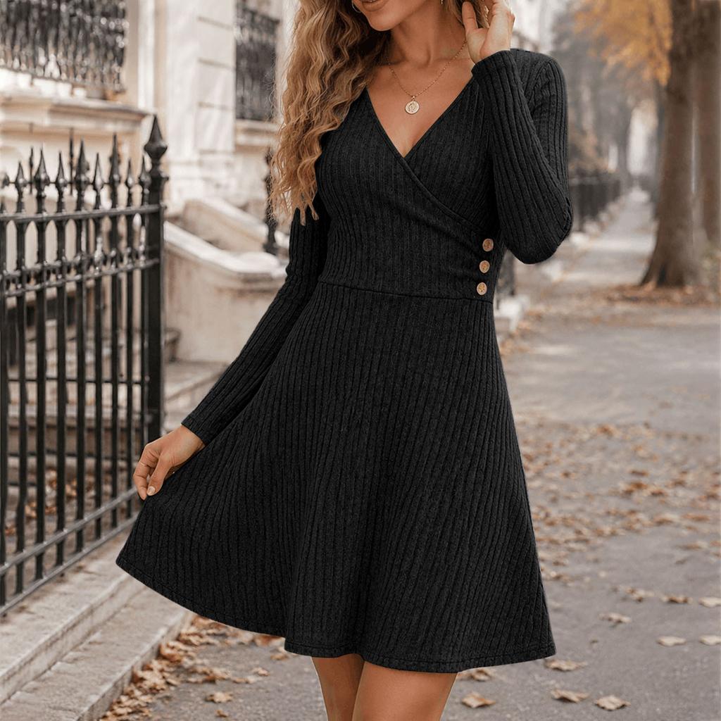 Women's Ribbed Knit Dress, V-Neck Long Sleeve A-Line with Fitted Waist for Casual Wear